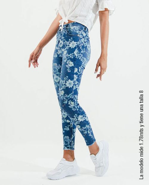 Jean Tiro Alto Estampado de Flores