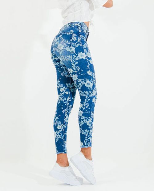 Jean Tiro Alto Estampado de Flores